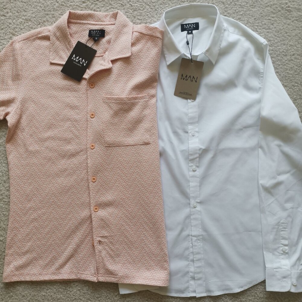 TWO (2) BooHoo Button Down Shirts - Long Sleeve Slim & Short Sleeve Jacquard NWT